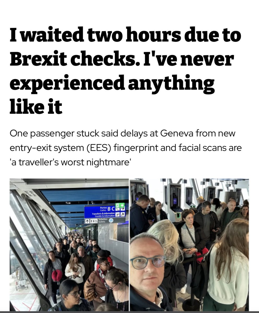 ✈️ “I waited two hours because of Brexit.”

British travellers are finally feeling the true cost of leaving the EU.

New EES biometric checks fingerprints and facial scans now required for all non-EU arrivals are turning short flights into marathon queues.

This is down to the