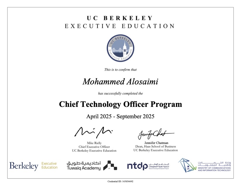 الحمد لله على التمام 🙏
أكملت برنامج Chief Technology Officer من UC Berkeley بدعم من أكاديمية طويق والبرنامج الوطني لتنمية تقنية المعلومات.
تجربة مكثفة تناولت القيادة التقنية والتحول الرقمي والذكاء الاصطناعي والأمن السيبراني.