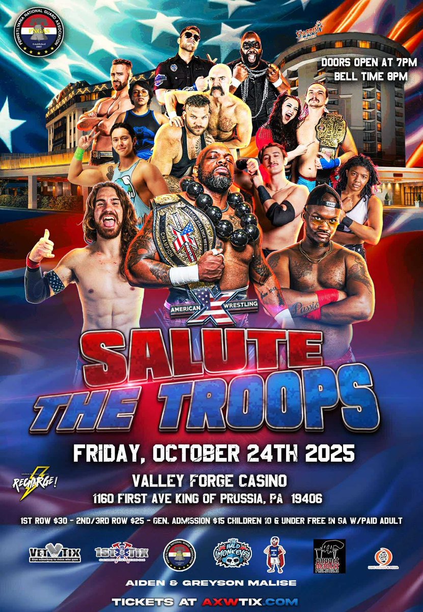 SecurityIncPro's tweet image. 🚨 THIS FRIDAY 🚨

@Official_AXW comes to Valley Forge Casino for #SaluteTheTroops

We are Security Inc., #ReportingForDuty 

🎟️: AXWTIX.COM