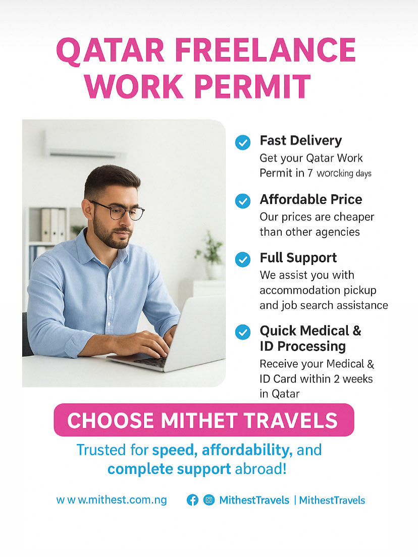 🇶🇦 Start Your Freelance Journey in Qatar with Ease! Get your Qatar Work Permit in just 7 working days — fast, reliable, and affordable with Mithest Travels.
We also help you with accommodation, job search assistance, and complete medical &amp; ID processing within 2 weeks in Qatar!