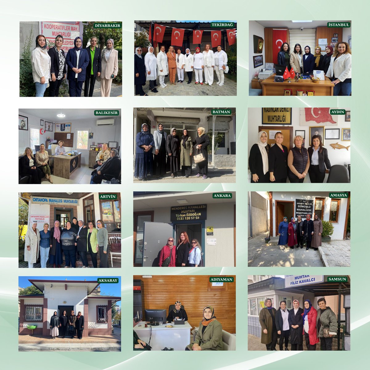 19 Ekim Muhtarlar Günü vesilesiyle 81 İl Kadın Kolları Yerel Yönetimler Başkanlığımız koordinasyonunda kadın muhtarlarımızı ziyaret ettik.

Kadınların yerel yönetimlerde etkin biçimde yer alması; mahallelerin ihtiyaçlarının daha yakından hissedilmesi ve toplumsal kalkınmanın