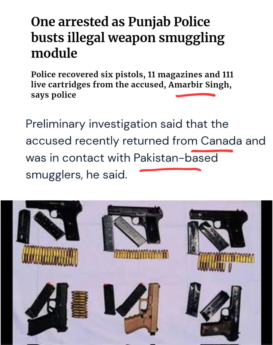 KirkLubimov's tweet photo. Another 'Canadian' got caught trafficking illegal guns, this time in India.
Amarbir Singh, who just came from Canada and allegedly works with Pakistanis (as CSIS raised the alarm), got smuggling illegal guns around.
What was he doing in Canada?
This is what India has been warning Canada about for years.
Canada is an international crim hub now and people still don't get it.