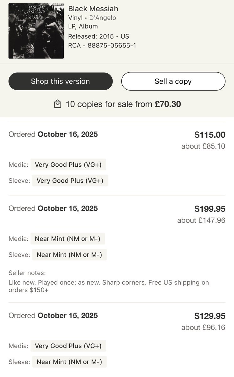 I hate scalpers in the vinyl community

the day before the D’Angelo news, Black Messiah selling for a max of $40

now, selling for $100-250

you are disgusting