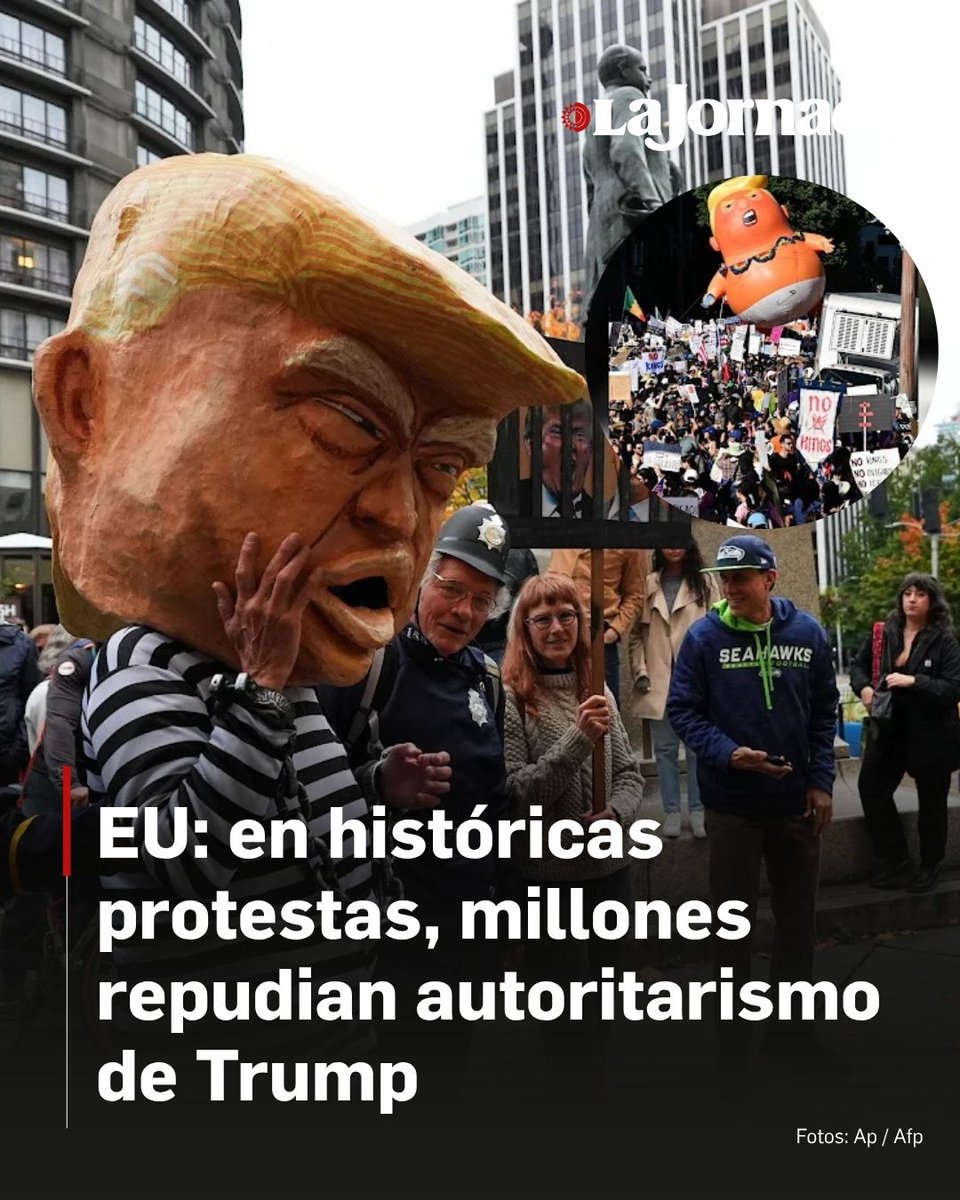 lajornadaonline's tweet photo. 📢 Protestan 7 millones en calles de todo Estados Unidos

Reportan 2 mil 600 movilizaciones en varias ciudades del país.

Es la manifestación con más personas en ese país en años recientes; el presidente @DonaldTrump niega ser un rey.

Bajo el lema 'No a los reyes', activistas, políticos y artistas rechazan las posturas del magnate en #migración, salud y educación.

Temen minorías retroceso en derechos.

Si el gobierno amenaza a críticos, la nación está en peligro, advierten.

Lee más aquí 👇
https://t.co/xEepTOoAHo