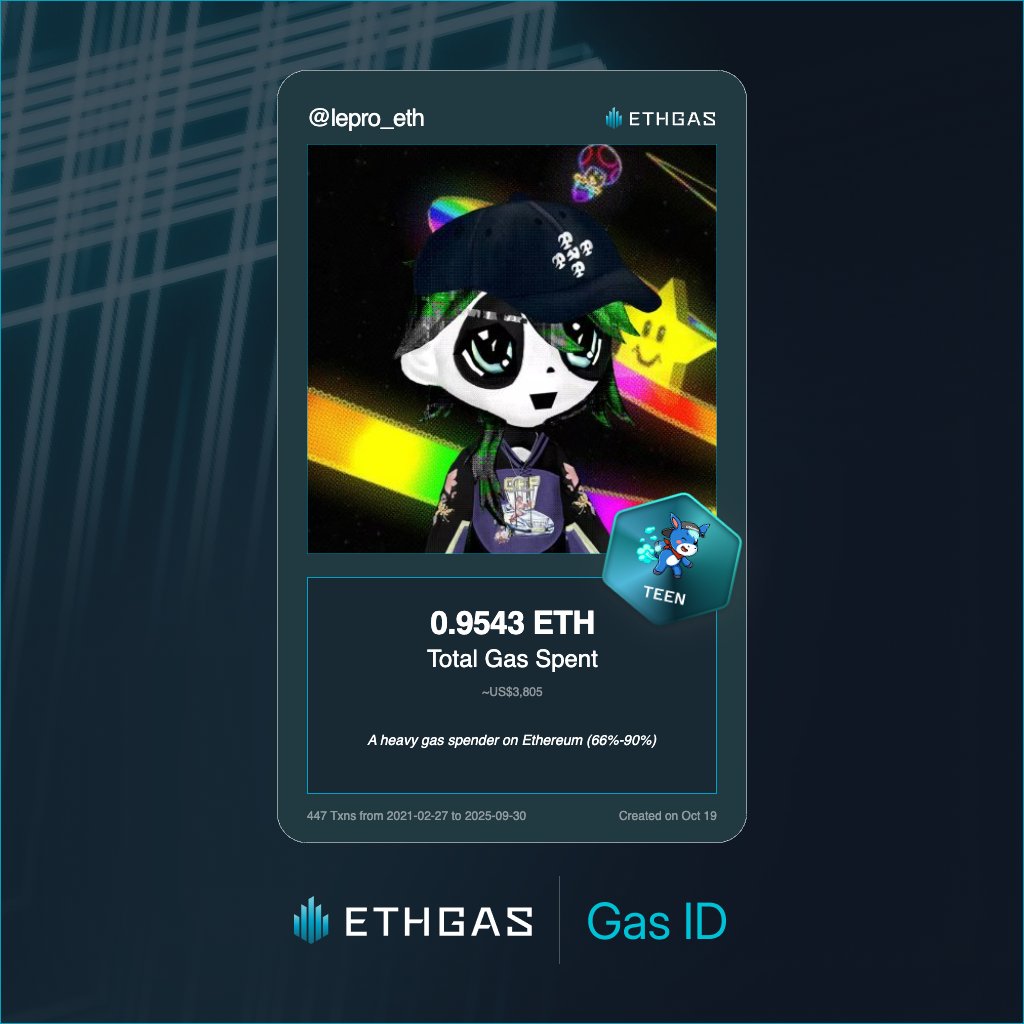 lepro_eth's tweet photo. Discovered my Gas ID via ETHGas - turning my gas spend into rewards 🫘

As a Teen Jack, I've spent 0.9543 ETH on gas but earned 420 Beans back.

Get your Gas ID and Beans here: https://t.co/VCAA4unyuy https://t.co/5aTCFajei5