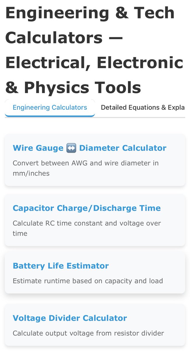 calculatorprem's tweet photo. Engineering &amp; Tech Calculators — Electrical, Electronic &amp; Physics Tools

👉 https://t.co/Q2wP8fh7lV

#wiregauge #capacitor #batterylife #VoltageDrop #SNR #datatransfer #ohmslaw #powersupply #Transistor #electronic #technology #electoricscalculator https://t.co/IqPdVGt7Od