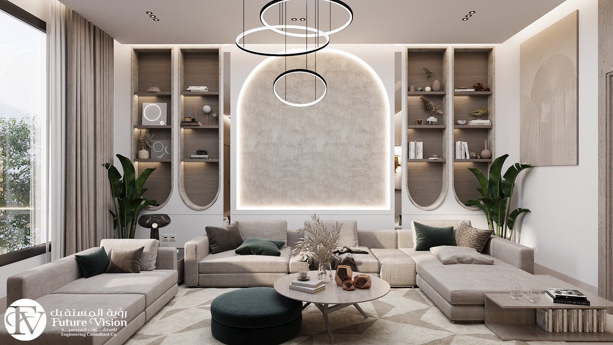 تصميم صالة عائلية على مساحة 35 متر مربع على الطراز الحديث.

🧠الفكرة التصميمة
اعتمد التصميم على تجانس الأشكال الهندسية لتحقيق توازن بصري بين الصلابة والنعومة:-

• الجدار الخلفي تم تشكيله بخطوط مقوسة متداخلة مع وحدات مستطيلة، مما أضفى بعدًا فنيًا يعكس الإبداع والحداثة.

• تم