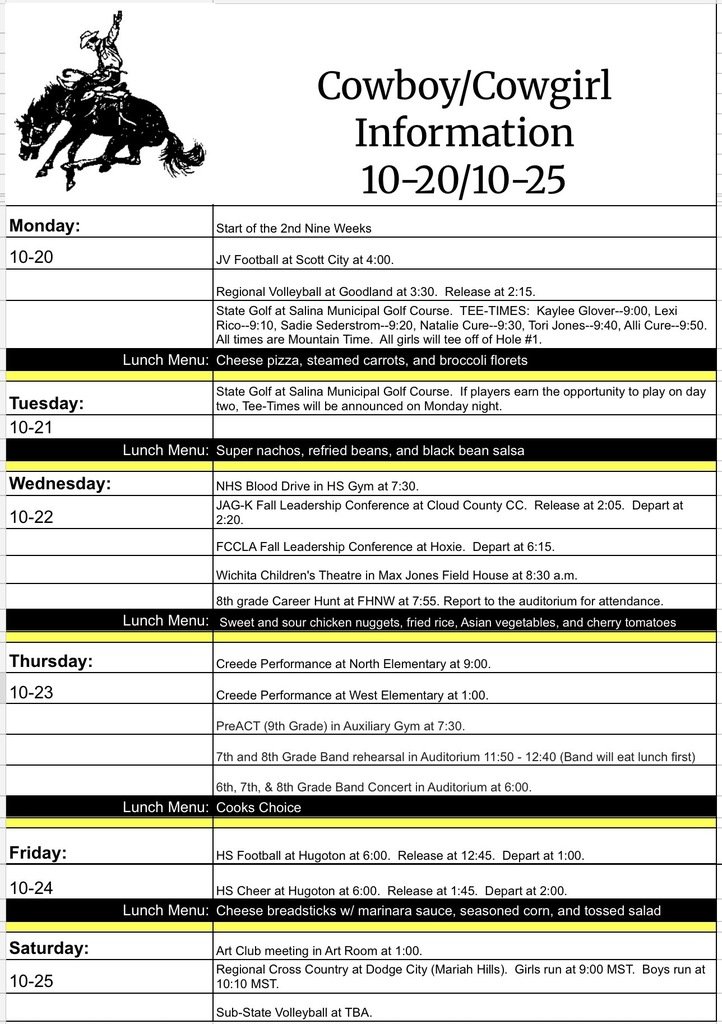 Cowboy Information for the week of 10-20/10-25.  Have a great week Cowboys and Cowgirls!!!