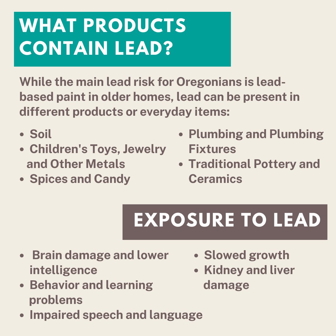 OHAOregon's tweet image. Lead poisoning is preventable! A simple blood test can detect lead. Ask your health care provider about getting tested. #NLPPW  
To learn more about lead and ways to protect children from lead exposure, visit OHA’s Lead Poisoning Prevention Program: healthoregon.org/lead.