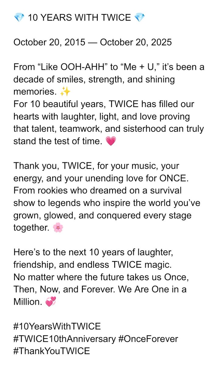 jypeaknation's tweet photo. My message to TWICE 🎉🫶
#10YearsWithTWICE #TWICE10thAnniversary #OnceForever #ThankYouTWICE https://t.co/tSFNOL2reP