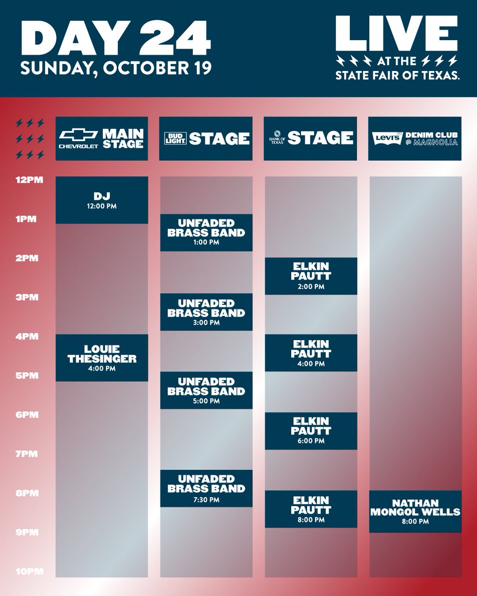State Fair of Texas (@statefairoftx) on Twitter photo The last day of the #StateFairOfTX is here! 🎤 End your Fair run with one more round of live music!
📍 Catch live performances all Fair long on the @Chevrolet Main Stage, @BudLight Stage, <a href="/BankofTexas/">Bank of Texas</a> Stage, and @Levis Denim Club. The last day of the #StateFairOfTX is here! 🎤 End your Fair run with one more round of live music!
📍 Catch live performances all Fair long on the @Chevrolet Main Stage, @BudLight Stage, <a href="/BankofTexas/">Bank of Texas</a> Stage, and @Levis Denim Club.
