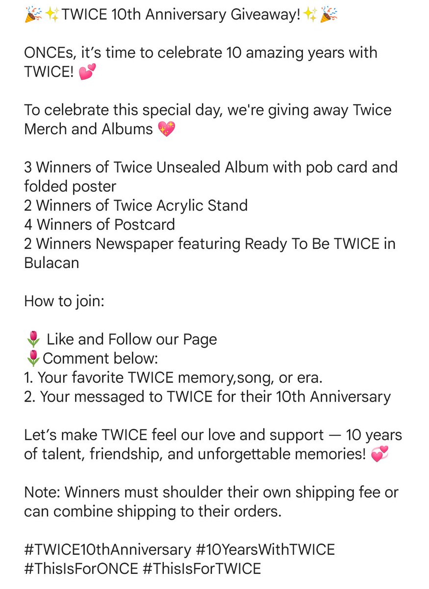 CJ_MEph's tweet photo. 🎉✨TWICE 10th Anniversary Giveaway!✨🎉

ONCEs, it’s time to celebrate 10 amazing years with TWICE! 💕 

To celebrate this special day, we're giving away Twice Merch and Albums 💖

🌷Check photo

#10YearsWithTWICE #ThisIsForONCE #ThisIsForTWICE #TWICE
#TWICE_10TH_ANNIVERSARY https://t.co/5A556yTH9i