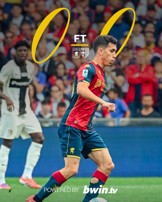 Two football players on a green field during a match, one in a red and blue Genoa uniform with number 20 dribbling the ball, the other in a white Parma uniform behind him, surrounded by a blurred stadium crowd in the background, with large yellow overlaid text showing 0 0 FT 0 and team crests, plus a powered by bwin.tv watermark at the bottom.