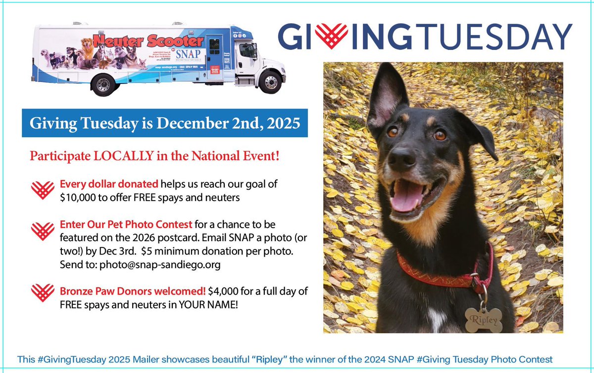 SNAPspayneuter's tweet image. 📸🐾 Show Off Your Furry Friend! 🐾📸
Enter SNAP’s Pet Photo Contest 

Donate $20+ with your entry for a shot at prizes 🎁 (gift cards + free microchip/vaccine!)

Contest ends Dec 2 — GivingTuesday!
👉 givingtuesday.mightycause.com/event/Snapgivi… 

#SNAPSanDiego
#GivingTuesday