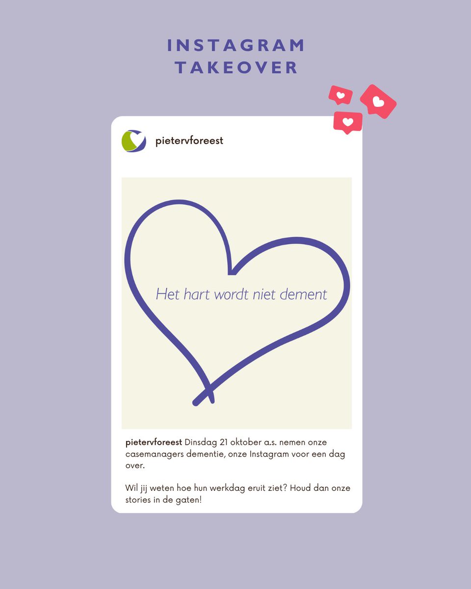 Dinsdag 21 oktober a.s. nemen onze casemanagers dementie, onze Instagram voor een dag over. 🤩

Wil jij weten hoe hun werkdag eruit ziet? Houd dan onze stories in de gaten! 

Volg je ons nog niet? Doe dit dan snel via deze link: tinyurl.com/49nu2ykd