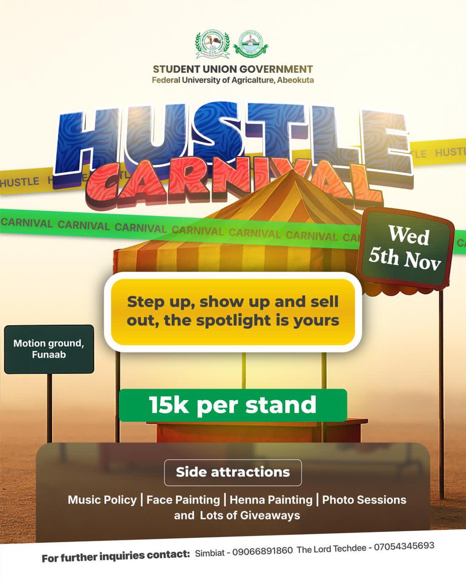 The Hustle Carnival is not just an event, it’s a movement.
Where dreams find light, where passion wears a price tag, and where hustlers become stories worth telling.
If your brand has a voice, let it be heard now.
wa.me/2349066891860