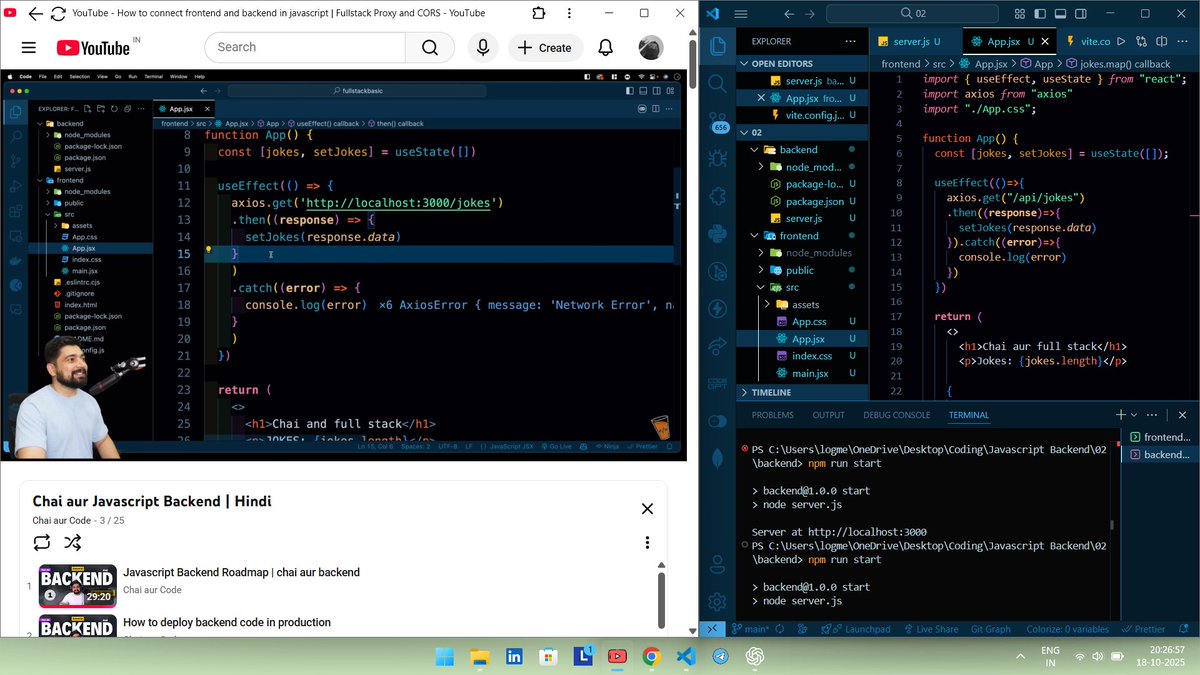 codeXninjaDev's tweet image. Day 3 of #BackendNinjaChallenge 🥷 by @ChaiCodeHQ &amp; @Hiteshdotcom 
Connected frontend &amp; backend using Proxy, CORS, and Axios! Used Express with ES Modules, handled CORS between different ports, standardized URLs like /api/myurl, and fixed it via Vite proxy config.
#ChaiAurCode