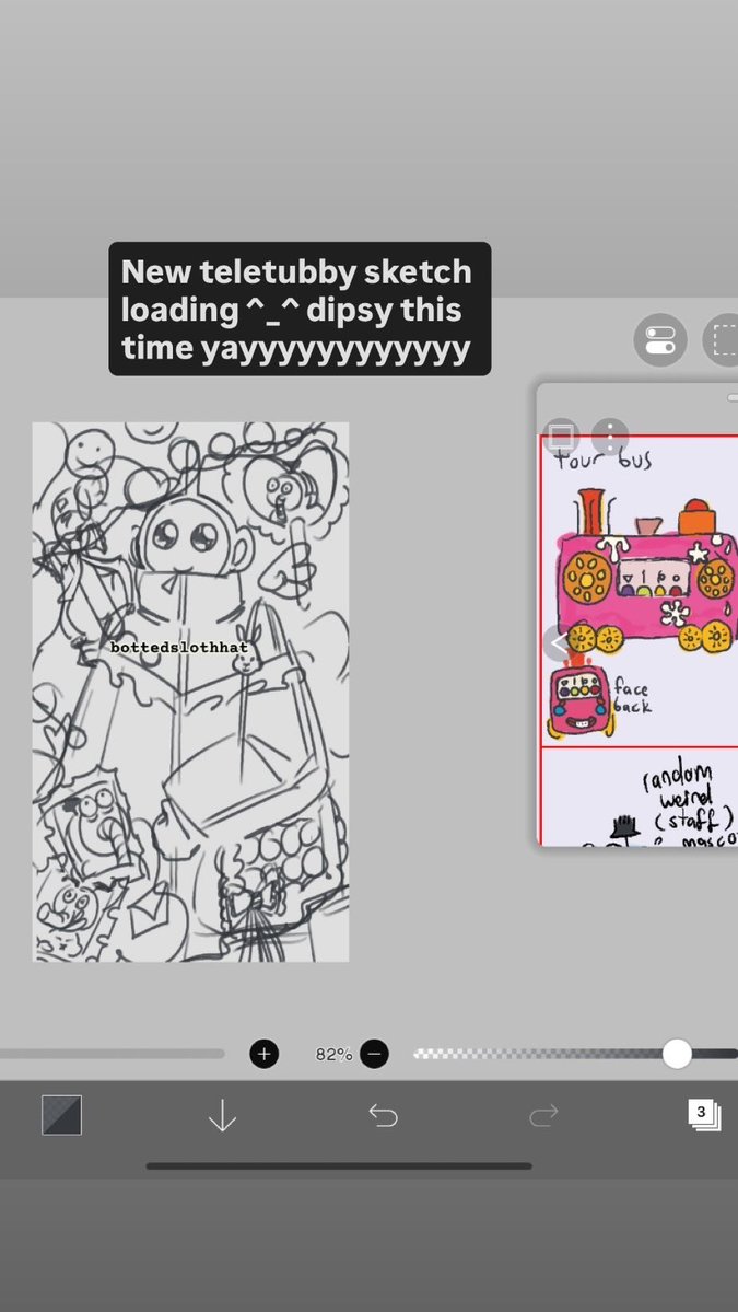 New teletubby sketch loading ^_^ dipsy this time yayyy i made him an idol fan and noo noo is his oshi i guess