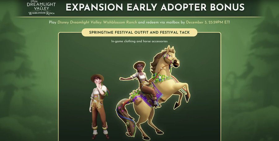 firebirbyy's tweet image. 👑Disney Dreamlight Valley  👑

If you buy ANY edition that INCLUDES Wishblossom Ranch between November 19 and December 3, you will receive an exclusive Avatar outfit and matching tack for your new horse bestie! ✨
#DisneyDreamlightValley #DDLV #Disney