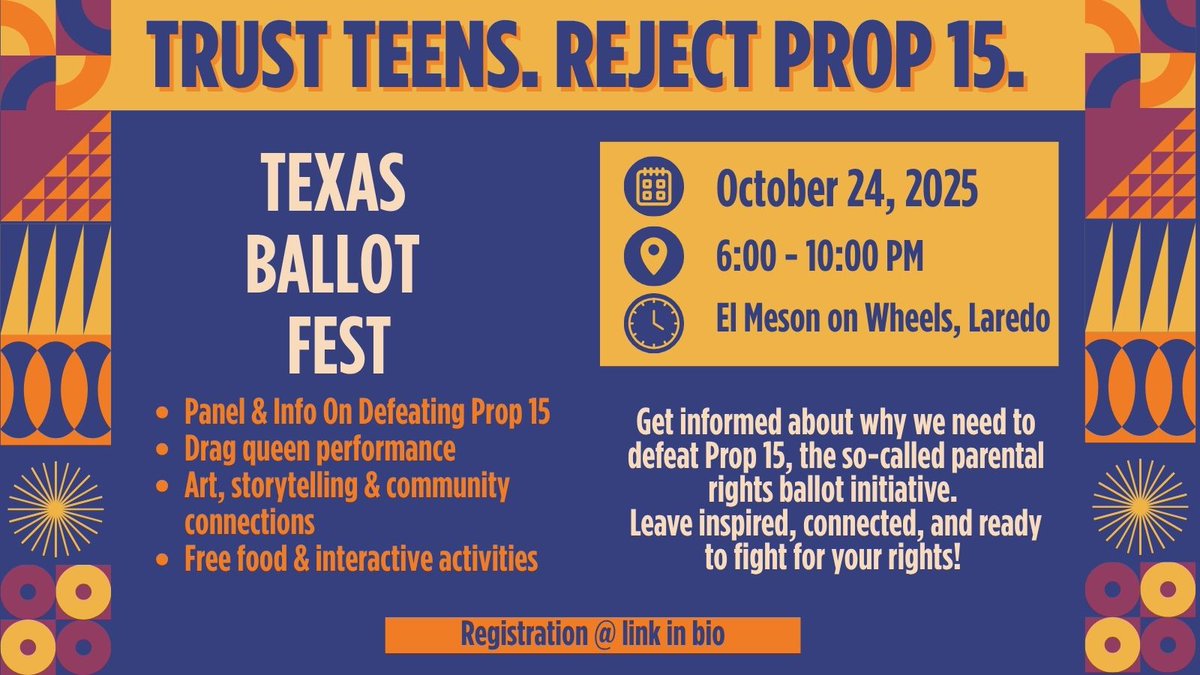 JanesDueProcess's tweet photo. Laredo! Join us Oct 24, 6–10 PM at El Meson on Wheels. Get informed on why we need to defeat Prop 15. Drag queen performance, good food & vibes.
Register: https://t.co/fyPwdJNaNU
#LaredoEvents #GetOutTheVote #CommunityPower
@Txyouthactivistalliance https://t.co/girKWfdiF8