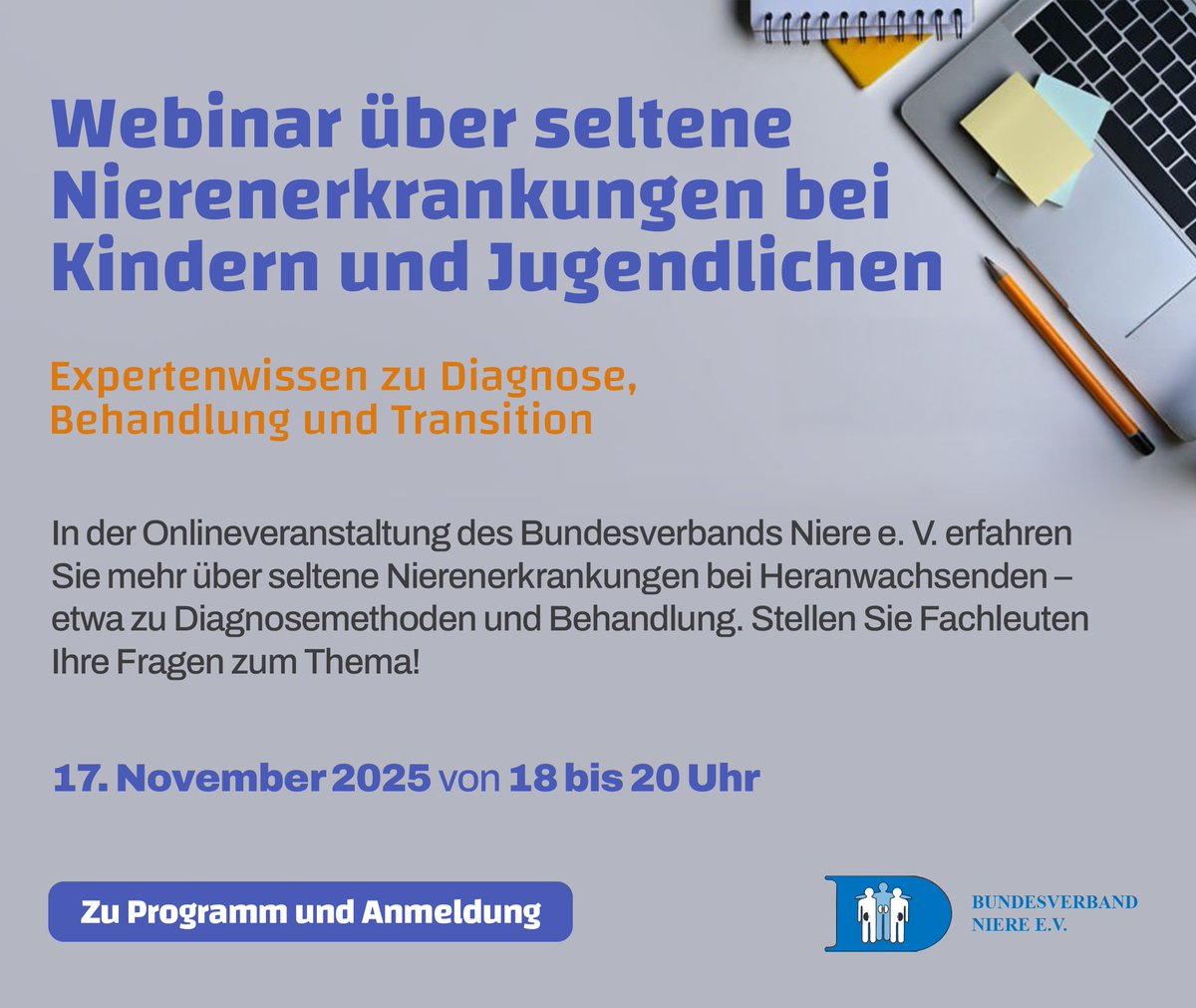 🧬 Wenn Kinder mit #SelteneErkrankungen erwachsen werden – was passiert dann?

💬 Erfahren Sie mehr über Diagnose, Behandlung &amp; #Transition bei seltenen Nierenerkrankungen.

📅 Webinar am 17.09.2025 | 18–20 Uhr
🔗 Anmeldung: bundesverband-niere.de/veranstaltung/…
#Niere  #Webinar