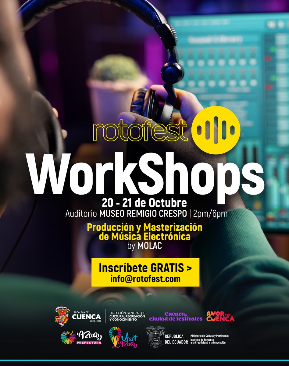 Rotofest's tweet image. MAÑANA INICIAMOS LOS WORKSHOPS
> Auditorio Museo Remigio Crespo
> Calle Larga y Borrero
INSCRIPCIONES GRATUITAS >
info@rotofest.com
#Rotofest