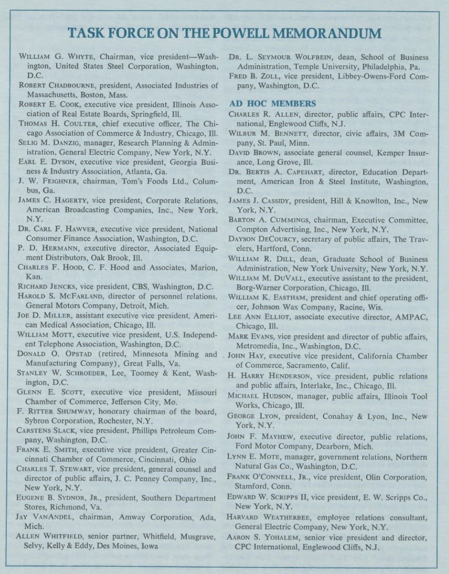davidsirota's tweet image. 50 years ago, the most powerful media &amp; corporate execs created a task force to implement the Powell Memo that urged corporations to buy elections &amp; skew news to make it more pro-business.
In our new book MASTER PLAN, we publish this document showing some of the participants.
