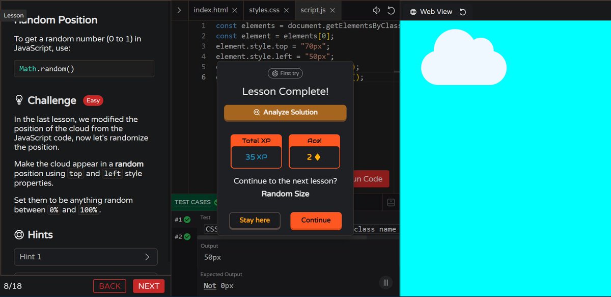 MoniTechCodes's tweet image. Day 76
☕ Java — practiced for and while loops
☁️ Mini project (Moving Clouds) — started adding JavaScript concepts to bring it to life.
#100DaysOfCode #Java #JavaScript #FrontendDev #CodingJourney #BuildInPublic #30NitesOfCode
codedex.io/community/30-n…
