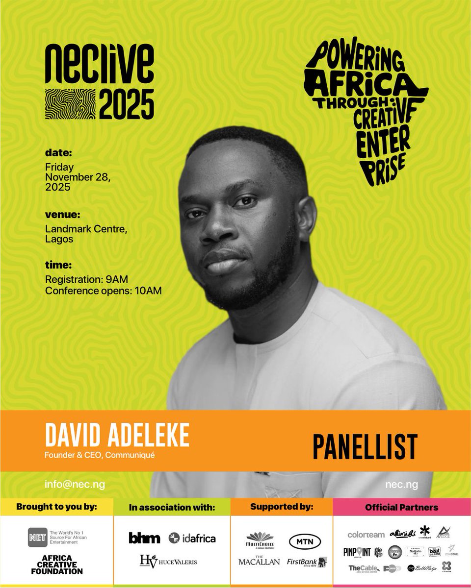 We are thrilled to announce that David Adeleke, Founder &amp; CEO of <a href="/Communique_HQ/">Communiqué</a>, joins #NECLive2025!

Former Africa Editor at Rest of World, led Business Insider Africa, his work has appeared in The Guardian, Al Jazeera, Reuters, Semafor.Strategist. Storyteller. Media and