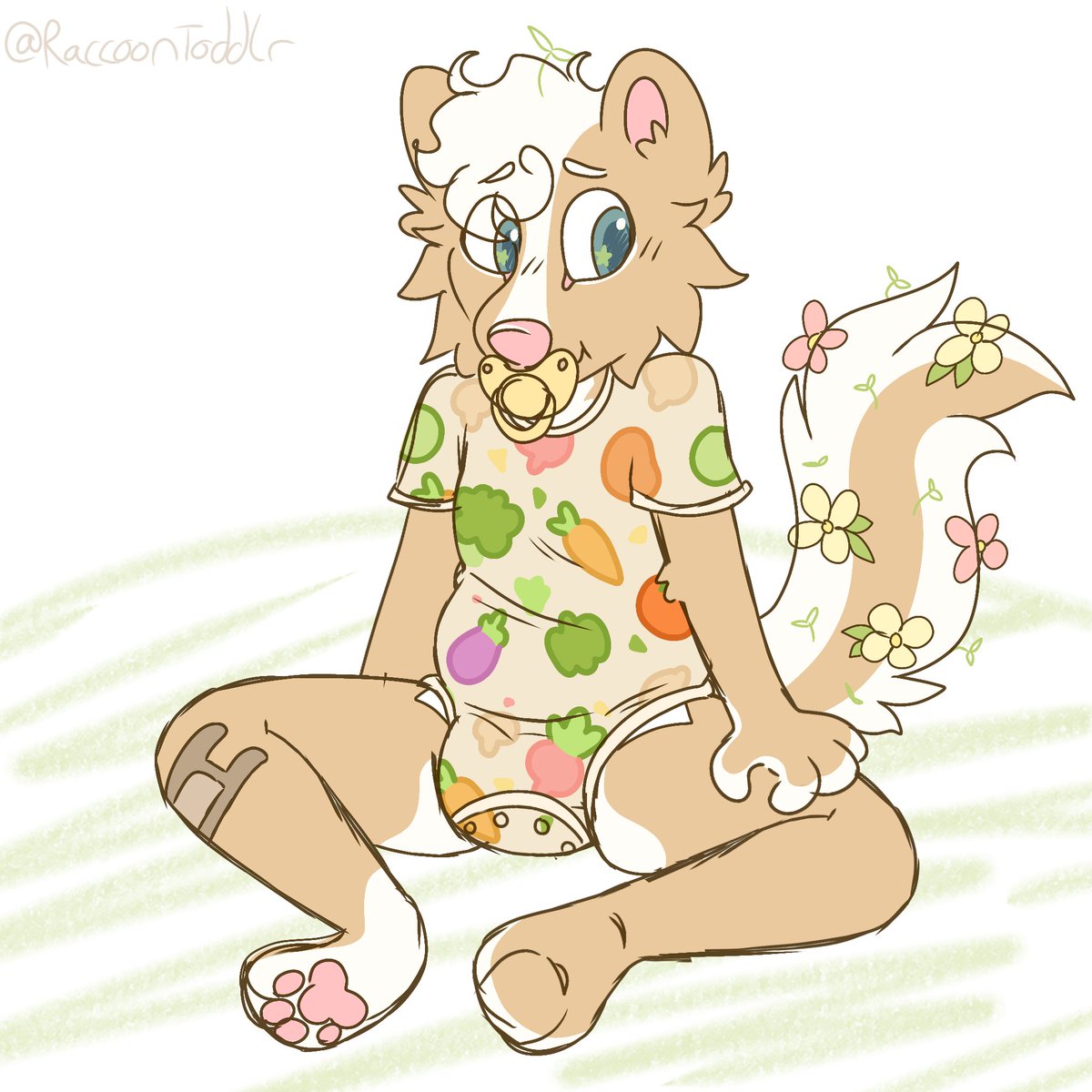 decided to post this anyway cus it's super cute and I love my skunk sona.. their name is Honeysuckle :3 or just Honey 

🌼🌸🩹🌱🥕🍅🥒

#babyfur #abdl #babyfurart #abdlart