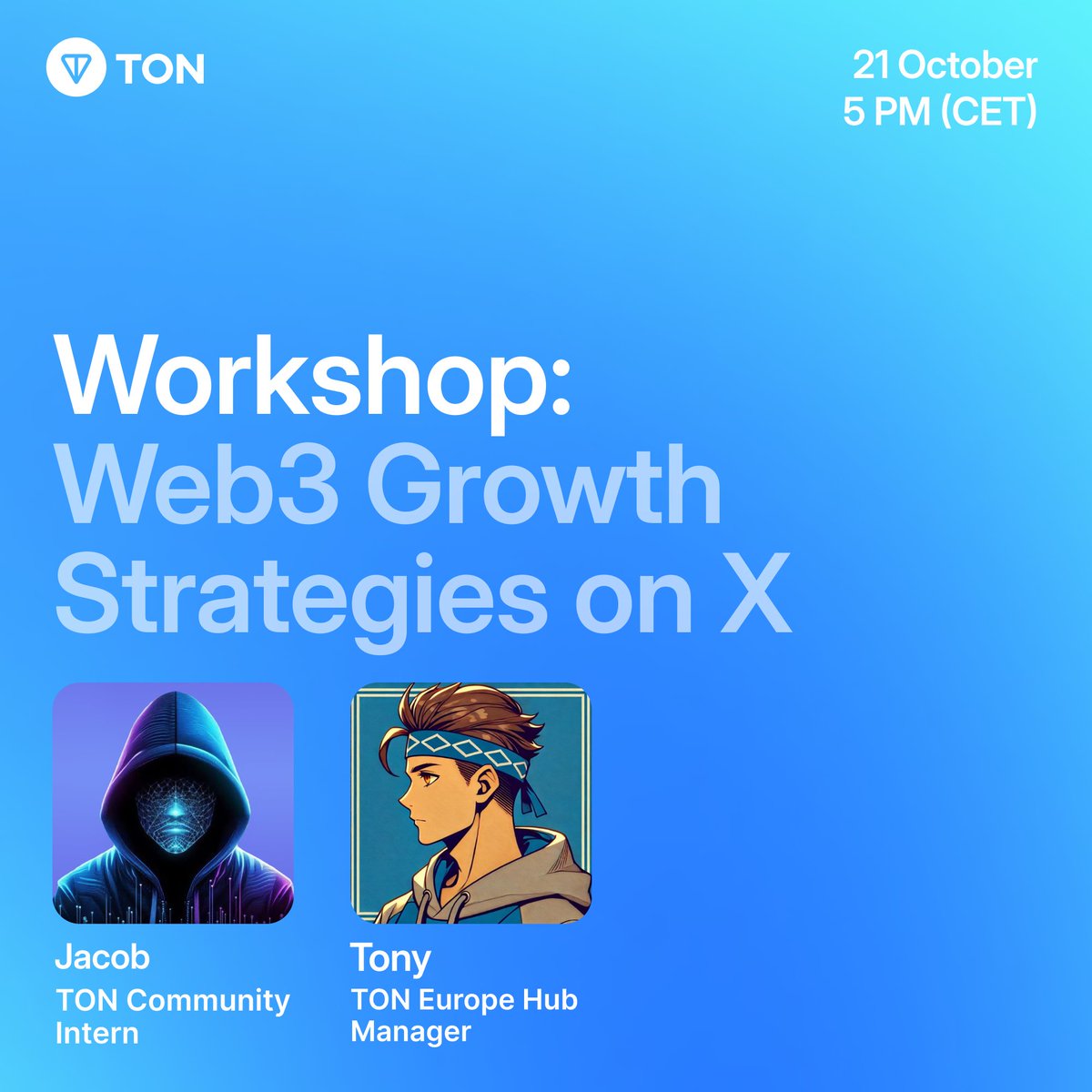 🚀 Workshop: Web3 Growth Strategies on X

Ready to level up your project's presence? 👀

Join us for a live workshop w/ <a href="/jacobweb3club/">Jacob 💎</a>, intern of <a href="/toncommunityhq/">TON Community</a>, walk us through his strategies for consistent growth on X from optimizing your profile to building stronger