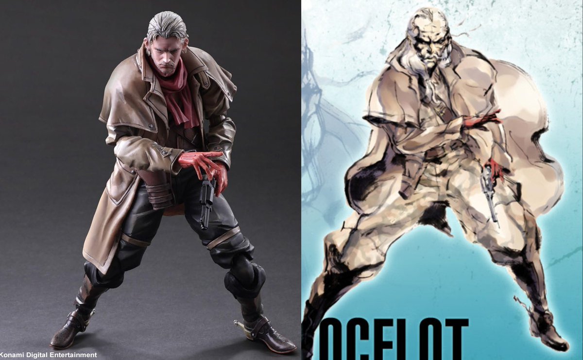 2015年にプレイアーツ改でMGSVのオセロットを発売した時も、サンプル画像の1つに新川洋司さんが描いたMGS2のリボルバー・オセロットのポーズを再現したものがあったんですよね。

同じダスターコートを着ているというのもありますが、MGS2とMGSVのオセロットの類似性を見るのは面白いです。