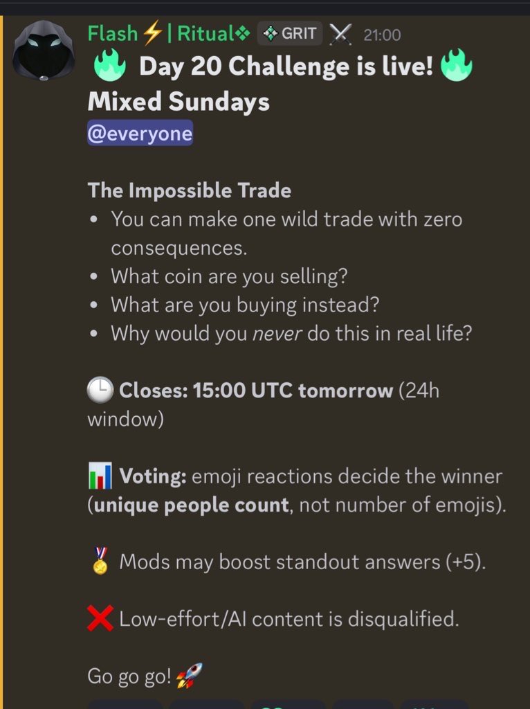 Day 20 of the <a href="/ritualnet/">Ritual</a> Challenge is here :The Impossible Trade!

You get one wild trade with ZERO consequences 
What are you selling?
What are you buying instead?
Why would you NEVER do this in real life?

Let’s hear your impossible swap. Drop your answer...

<a href="/ritualfnd/">Ritual Foundation</a>
