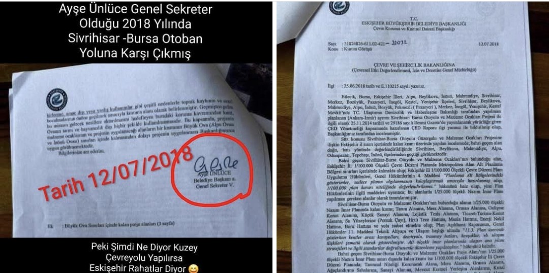 AYŞE HANIM BUNDAN TAM 7 YIL ÖNCE  GENELSEKRETER OLDUĞUNUZ DÖNEMDE SİVRİHSAR-BURSA OTOYOLUNA KARŞI ÇIKMIŞ VE BU PROJEYİ İPE UN SEREREK REDDETMİŞTİNİZ HATIRLADINIZMI?
 İŞTE BELGESİ 
Ayşe Ünlüce Şimdi İse Eskişehirin Trafik Sorununu Kuzey Çevre Yolu Çözer Diyor Topu Hükümete  Atıyor