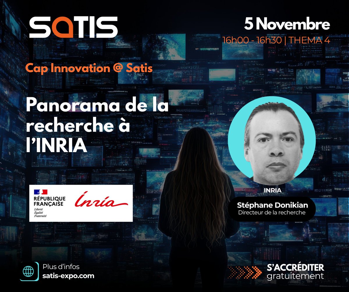 Mediakwest_S4AL's tweet image. 🎙️ Stéphane Donikian présentera un panorama de la recherche à l’INRIA : IA, robotique, cybersécurité...

📍 THEMA 4 - SATIS
🗓️ Mer 5 nov – 16h à 16h30
👉 Programme complet : satis-expo.com/fr/conferences/
👉 Accréditations : satis-expo.com/fr/accreditati…

#SATIS2025 #INRIA #R&amp;amp;D #IA #Tech