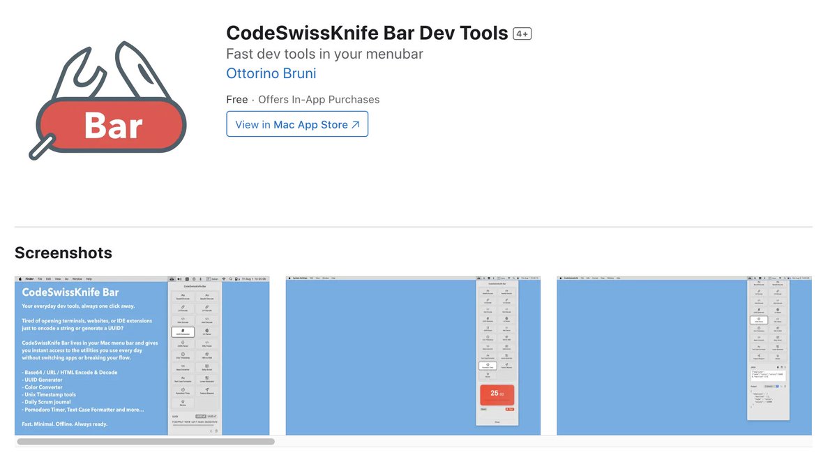 ottorinobruni's tweet image. 🧰 Supercharge your workflow from the macOS menu bar!
CodeSwissKnife Bar ⚙️ gives you instant access to UUIDs, Base64, JSON formatters & timestamp tools — all offline.
Lightweight ⚡ Reliable ✅ Essential 🔑
🔗 apps.apple.com/us/app/codeswi…
#indiedev #macOS #DeveloperTools