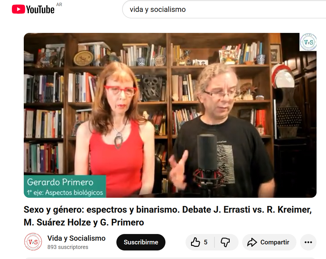 Debatimos con José Errasti el contenido de su libro "Nadie nace en un cuerpo equivocado". Participan el psicólogo Gerardo Primero, <a href="/mattsuarezholze/">Enlapalabradenadie</a> y yo. En el canal Vida y socialismo. Nuestra posición es que hace un reduccionismo del sexo a lo reproductivo y del género a los