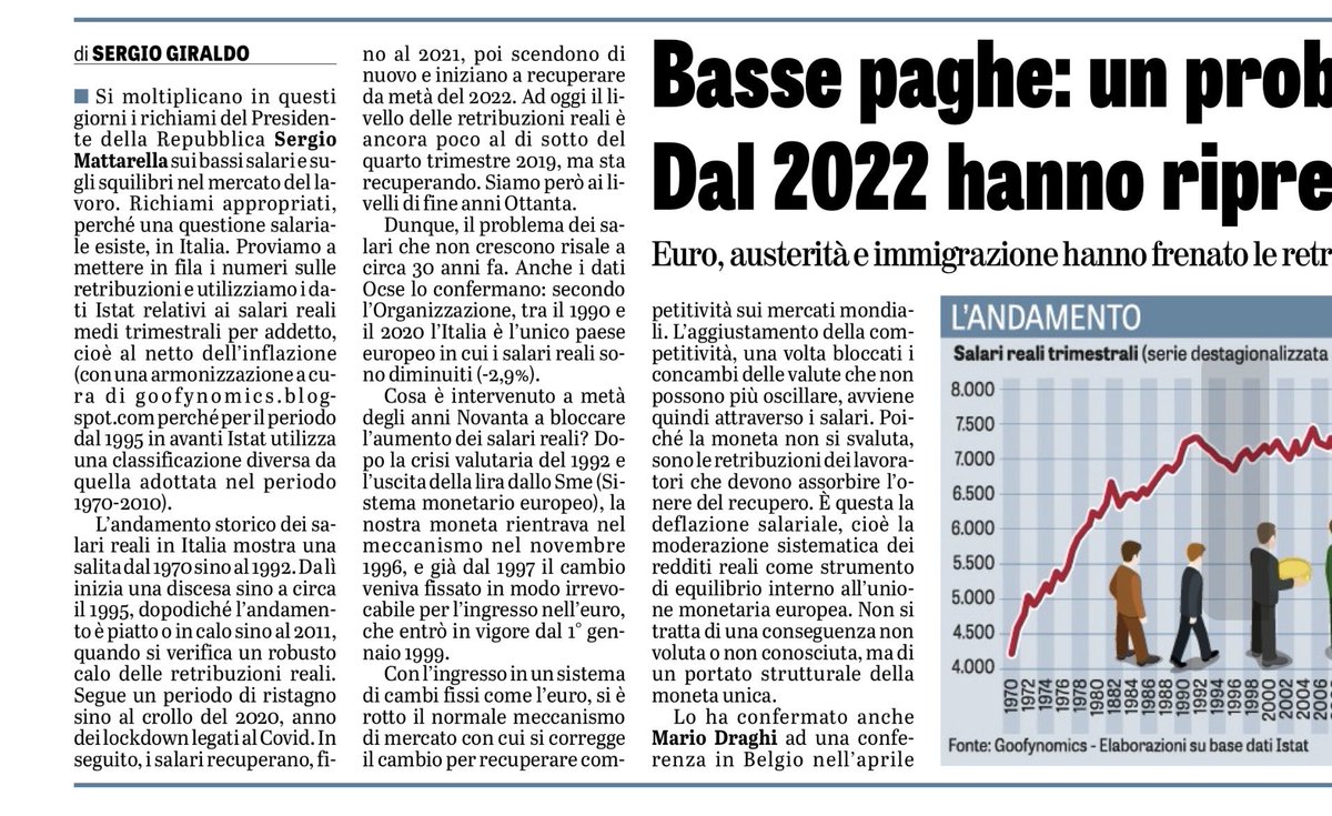 durezzadelviver's tweet photo. La deflazione salariale comincia con le manovre Amato del 1992 e dal 1996 diventa in€ludibil€ causa cambi fissi. Austerità e immigrazione incontrollata hanno fatto il resto. Sulla stagnazione dei salari reali troppe amnesie.
Oggi su @LaVeritaWeb. https://t.co/q7QNUlPYK7