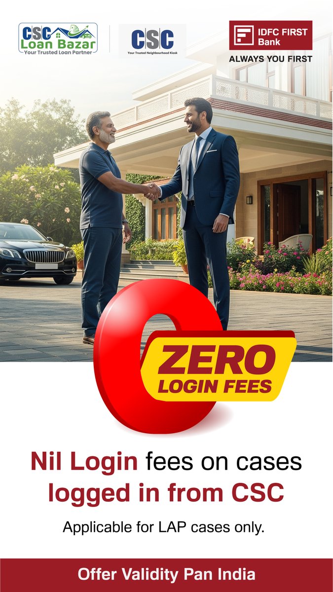 CSCegov_'s tweet image. IDFC First Bank offers to CSC VLEs…
NIL Login fees on cases logged on from the CSC.
Applicable to LAP cases only.
Offer Validity Pan India
#CSC #DigitalIndia #IDFCFirstBank #CSCFinancialService #Loan #HomeLoan #HousingLoan #FinancialInclusion