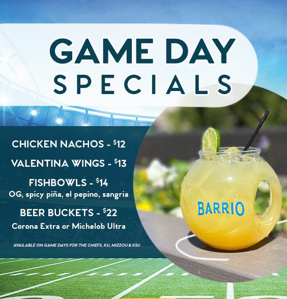 We’ve got your Game Day lineup: nachos, wings, fishbowls, and ice-cold beer buckets — the ultimate winning combo. 🍹🔥

Grab your crew and catch every play with us. 🏈

#BarrioKC #GameDayVibes #ChiefsKingdom
