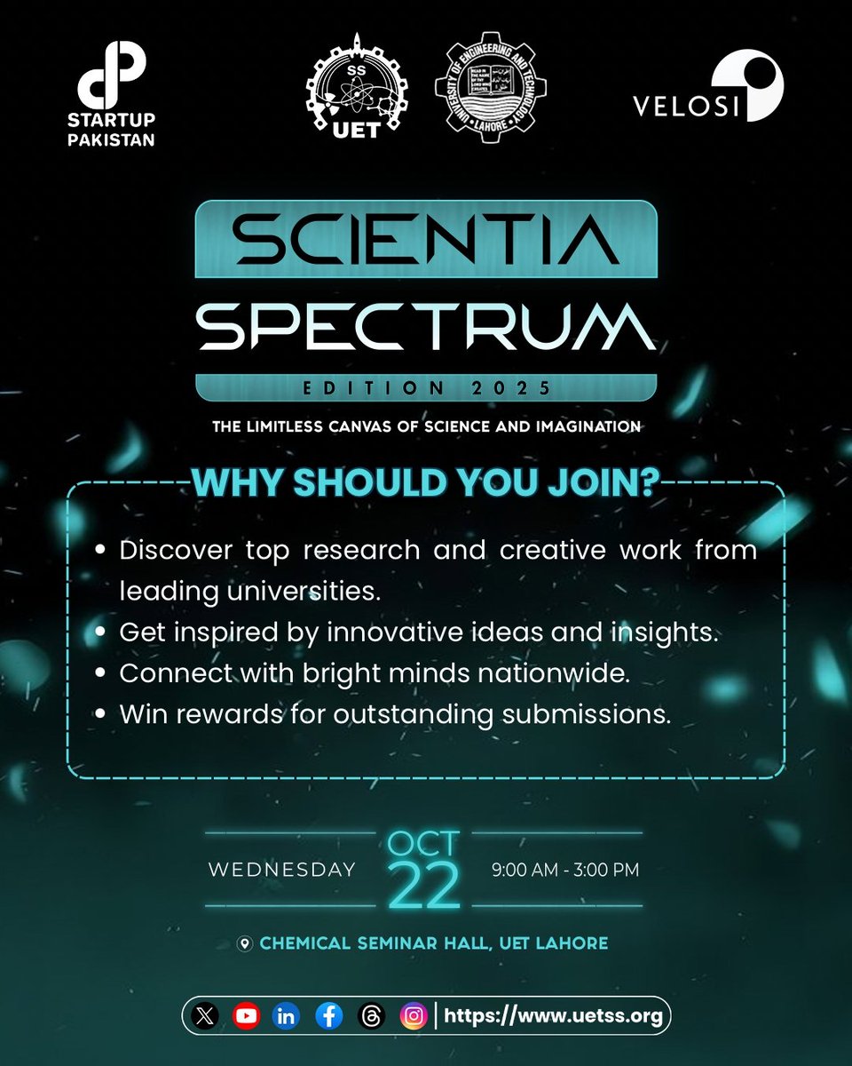 UET_SS's tweet photo. Experience a vibrant blend of imagination, intellect, and innovation as the UET Science Society unveils SCIENTIA SPECTRUM 2025. Join us this Wednesday from 9 AM to 3 PM at the Chemical Seminar Hall, UET Lahore.
#uetsciencesociety #uet #uetss #sciencesociety #scientiaspectrum https://t.co/ANnrB0sdQf