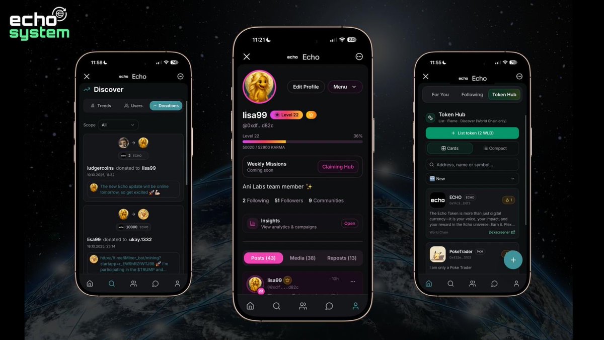 🚀 Big update in the Echo App!
✨ Level System is here:
Post, comment, like &amp; donate → earn Karma → level up → claim your Echos!
🔥 New Tokenhub – list your tokens, collect flames, grow your name.
💧 Discover tab now shows all your donations.
Let’s go 🚀

<a href="/echosystem_wld/">ECHOsystem</a>