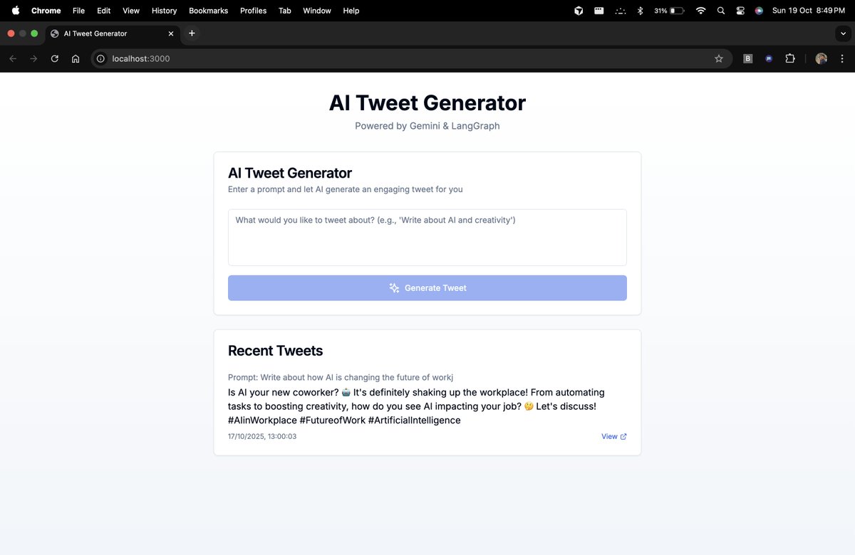 🚀 Diwali weekend vibes ✨
No plans, just building something agentic &amp; AI-powered for fun!
Started with an auto tweet poster — type a prompt and it posts straight to X. 🧠💬
No idea where this is going, but that’s the fun part 😎
#BuildInPublic #AI #LangGraph #Gemini #Diwali