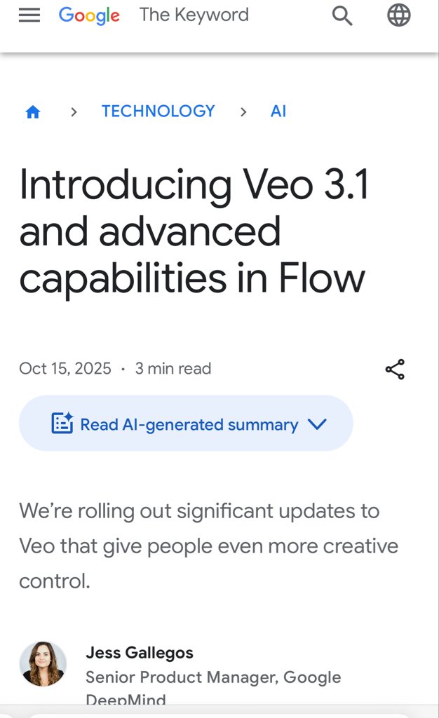 طرحت جوجل Google للتو فيو 3.1، Veo 3.1وهو نموذج جديد لتوليد الفيديو يدعي تحسينات في الجودة، وواقعية أفضل، وقدرات مطورة من الصورة إلى فيديو، وسلسلة من ميزات التحرير الجديدة الموجهة إلى صانعي الأفلام والتحكم الإبداعي.

يقبل Veo 3.1 الآن ما يصل إلى ثلاث صور مرجعية للحفاظ على اتساق