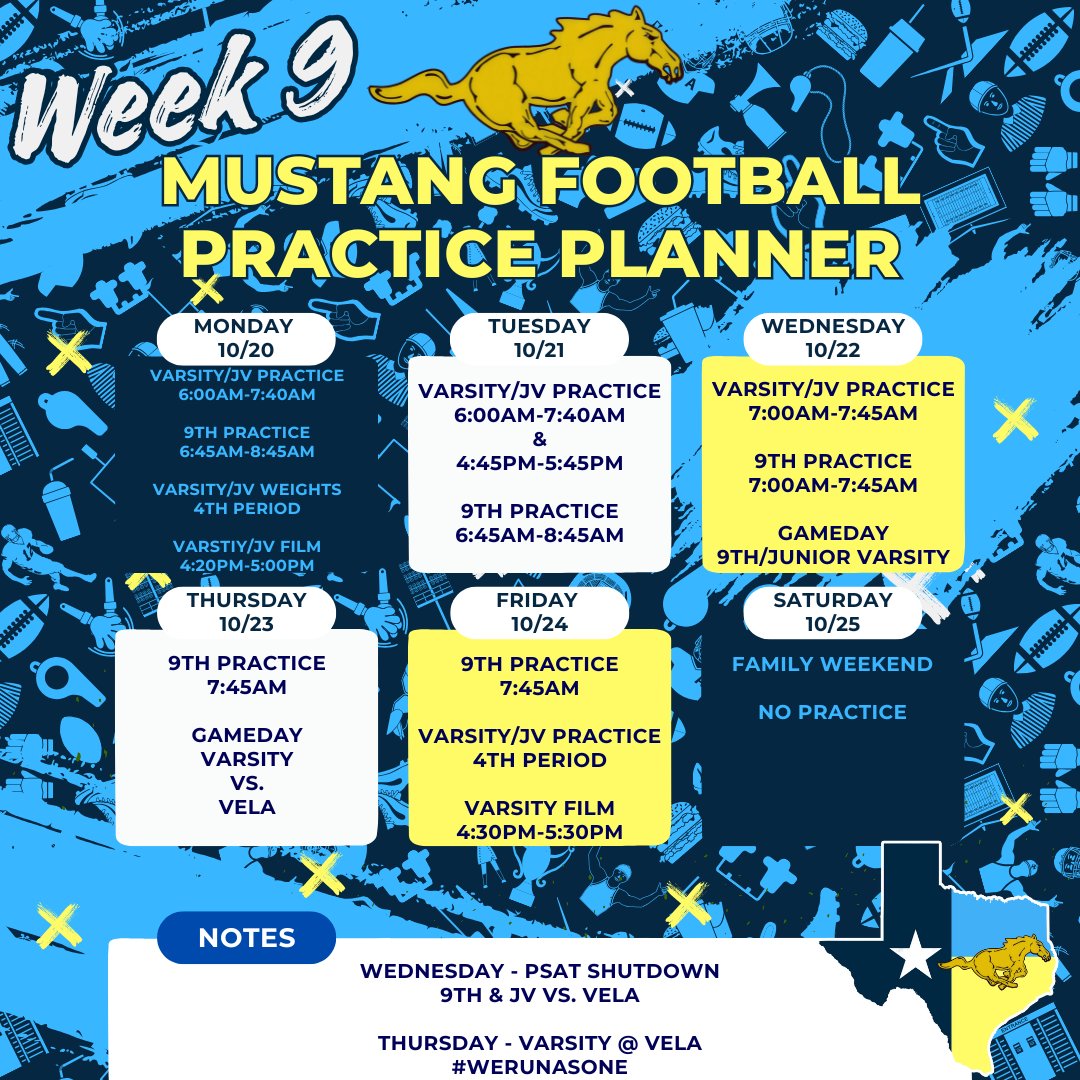 Hello Mustangs,

Here is your Mustang practice plan and game info for the week. Ticket links will be updated as they become available / change.

Memorial’s Week 9 Football Schedule

9th Light vs. Vela, Wednesday, 10/22/25, 5:30pm, Boxer Hernandez Stadium.
tinyurl.com/423dnxty