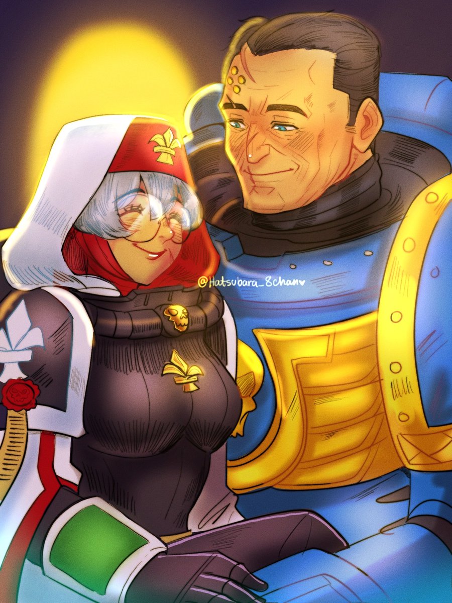 Today marks my 1 year with working on my 40k oc, Sister Theia and pairing her with Titus! Happy anniversary to you two 🥰💖 these couple made me so happy and inspire me to work on a lot of 40k lore for my oc, Theia. 

Made a simple illustration for them aaaa 💖