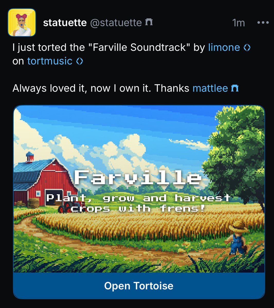 CryptoStatuette's tweet image. Weekends are for buying music onchain on @baseapp

I just bought music I love with @tortoise_on_fc and supported the creator @limone_eth. Two birds with one seed.

Alpha from tortoise founder @mattleefc: if you want to participate in the upcoming @tipnearn campaign, you have to…