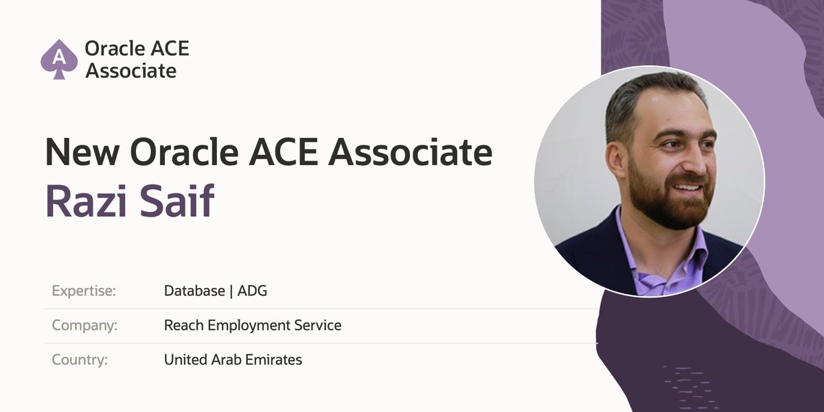 oracleace's tweet image. Congrats to Razi Saif, Oracle ACE Associate! 🎉 With 10+ years in RAC, Data Guard, tuning, and migrations, Razi (OCP) helps the community with tips and troubleshooting insights across LinkedIn and training resources.
Learn more: social.ora.cl/6012AW0l6 
#OracleACE