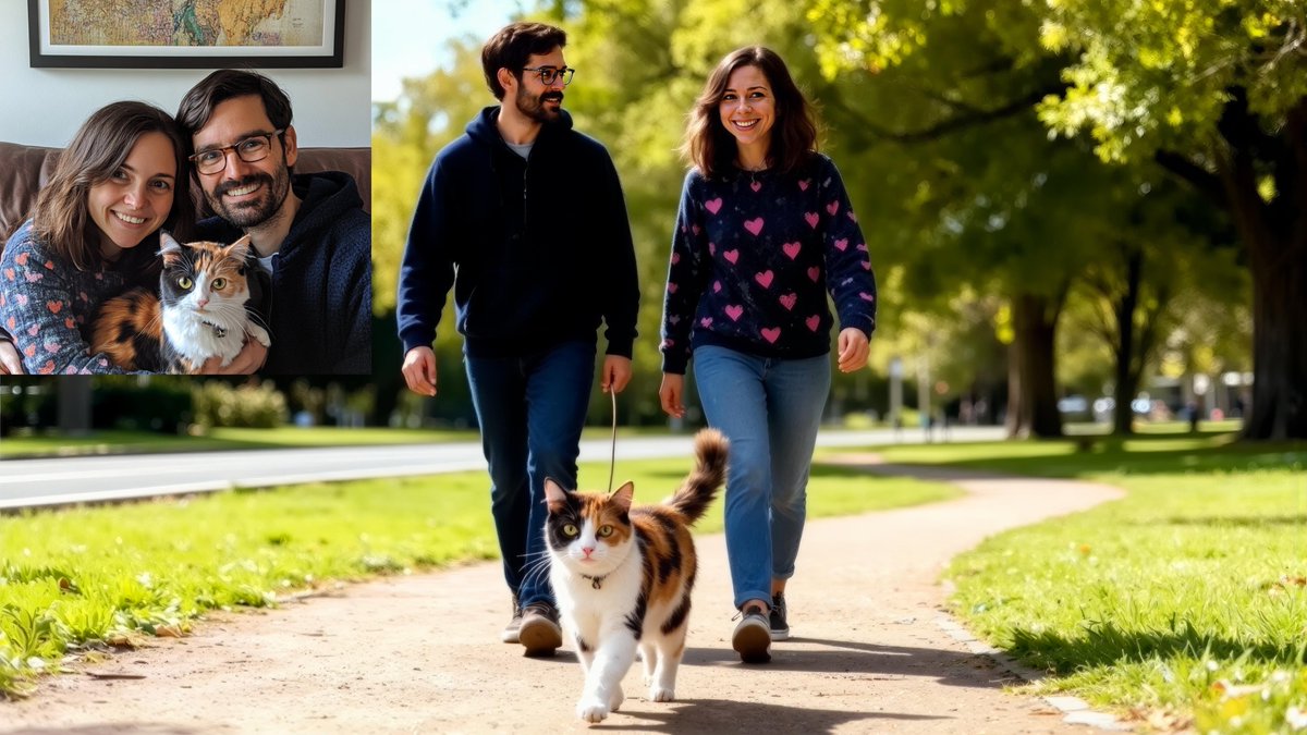 wow!

Prompt with image as input: show a wide shot of the road with a man and woman walking with a cat in a park.