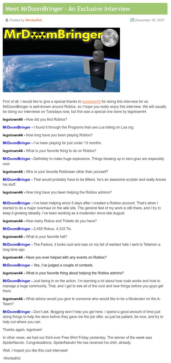 'Meet MrDoomBringer - An Exclusive Interview'

-- Roblox News (December 30th, 2007)